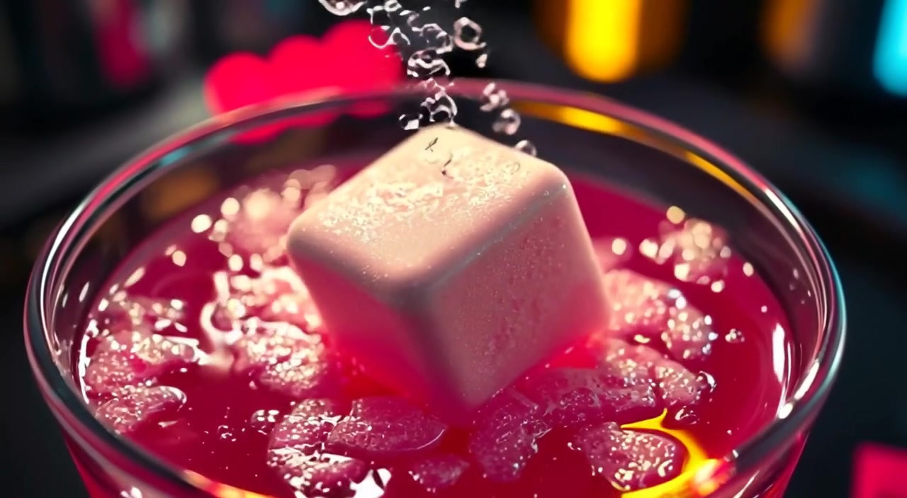 Bubbles gently rise from the fizzing cube in the bowl, creating a mesmerizing dance of carbonation.
