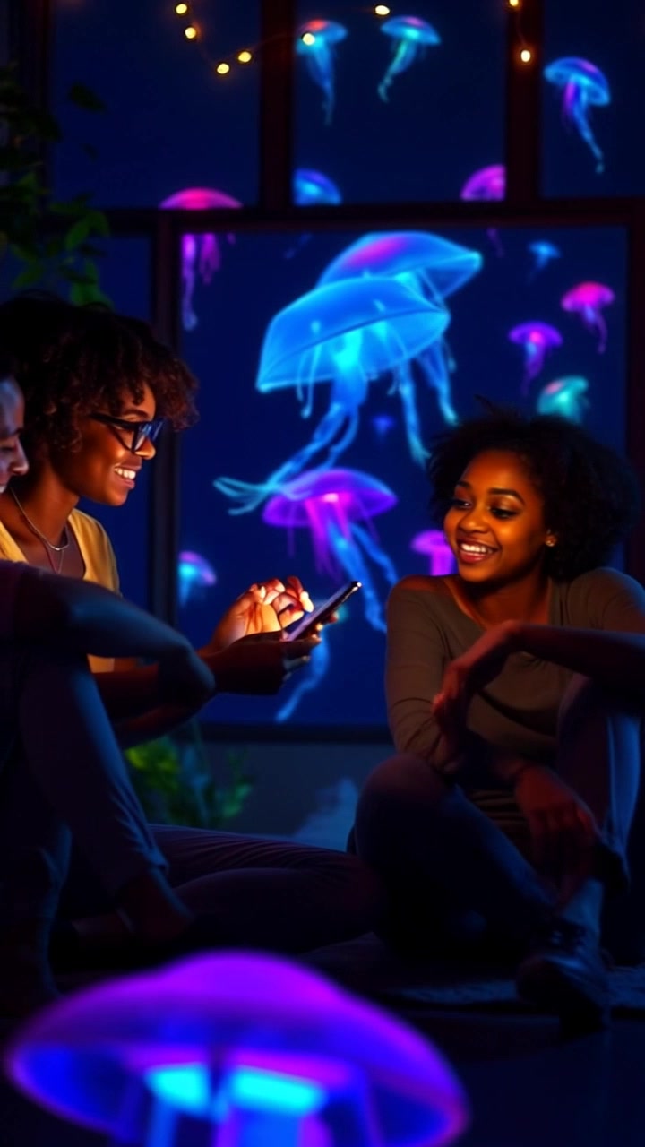 Scene: A cozy room filled with a group of friends sitting around a coffee table, animatedly discussing a digital content idea while surrounded by warm lighting and comfortable furniture. Style: Ambient light creating an inviting atmosphere with soft shadows. Motion: Camera gently tracks around the group, capturing their enthusiastic expressions and gestures as they share ideas.