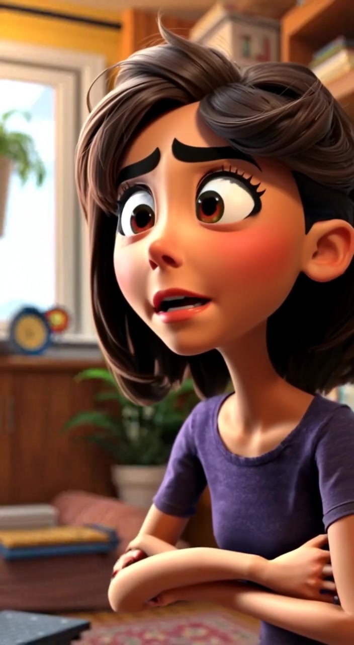 The woman gasps as she discovers something surprising in the cluttered room.