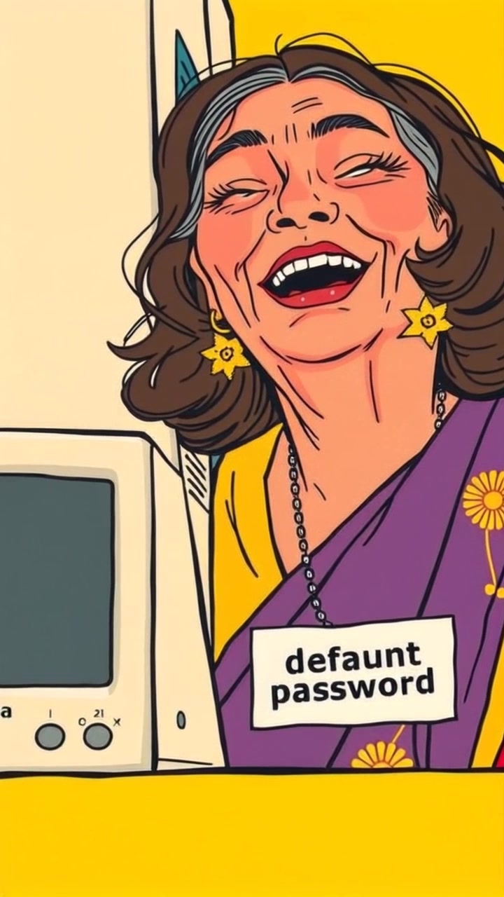Subject: A person laughing heartily beside a modem adorned with a clearly visible 'default password' sticker. Subject movement: The person momentarily tilts their head back in laughter, their hands animatedly gesturing. Scene: A cozy room filled with warm light, the modem resting on a nearby table. Style: Warm, inviting lighting that creates a cheerful atmosphere. Motion: Camera slowly pushes in on the subject, capturing the laughter and vibrant energy while subtly shifting focus to the modem and the humorous sticker.