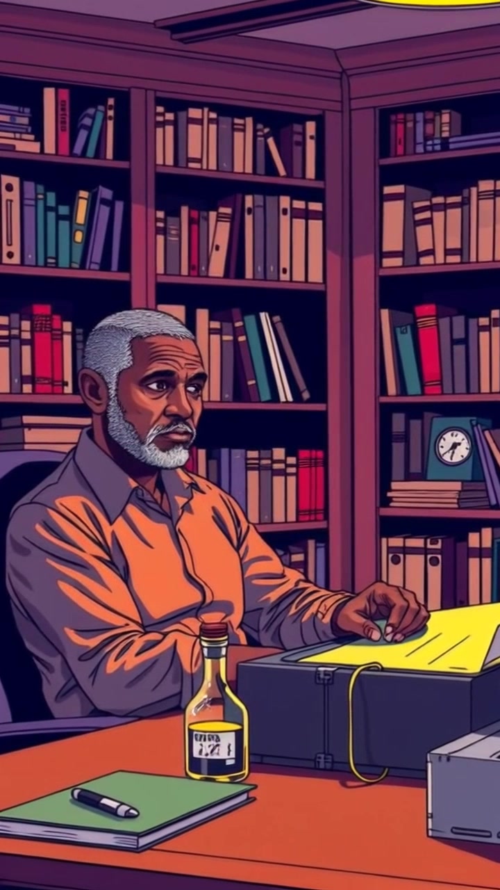 Scene: Alfred sitting at a large desk in a dimly lit study, surrounded by shelves filled with books, gazing thoughtfully at an energy meter. Style: Dim lighting with a warm, moody atmosphere enhancing the sense of contemplation. Motion: The camera slowly zooms in on Alfred's focused expression, capturing the subtle movements of his hand as he adjusts the meter, while shadows gently flicker across the room.