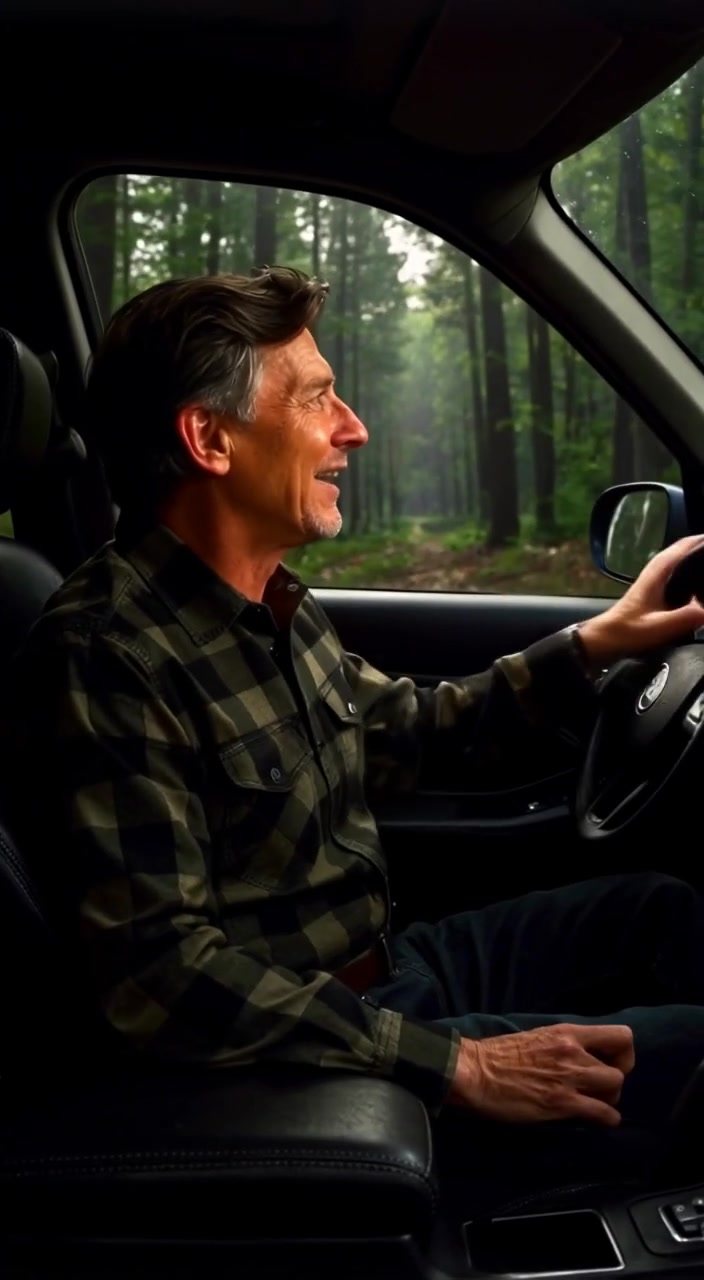 The man excitedly gestures out the window, while the car moves along a winding, scenic road.