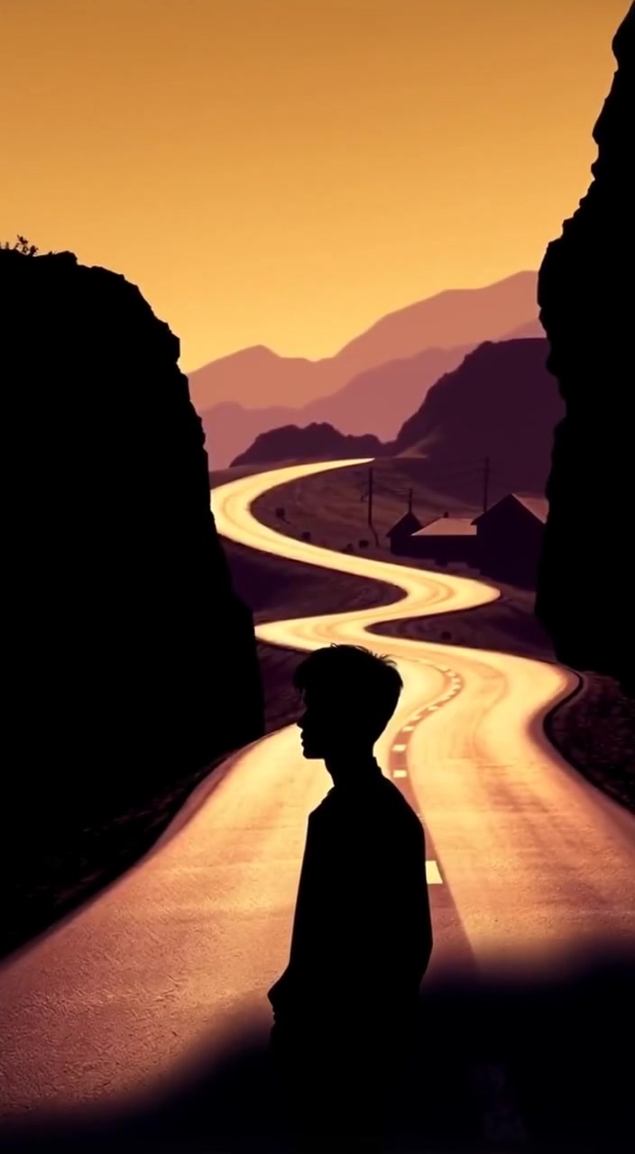 The man takes a deep breath and begins to walk down the winding road, contemplating his journey ahead.
