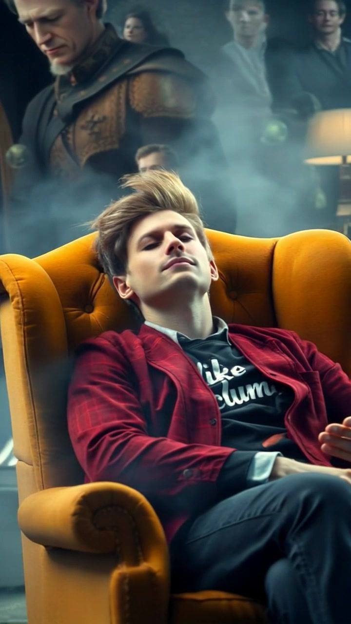 Subject: A person sitting in a cozy armchair, eyes closed. Scene: A warm and inviting living room filled with soft, ambient light and swirling misty images of past and future events around them. Motion: The camera gently zooms in, creating an intimate atmosphere as it circles the figure, revealing glimpses of the ethereal images while shimmering light filters through the mist, enhancing the dreamlike quality.