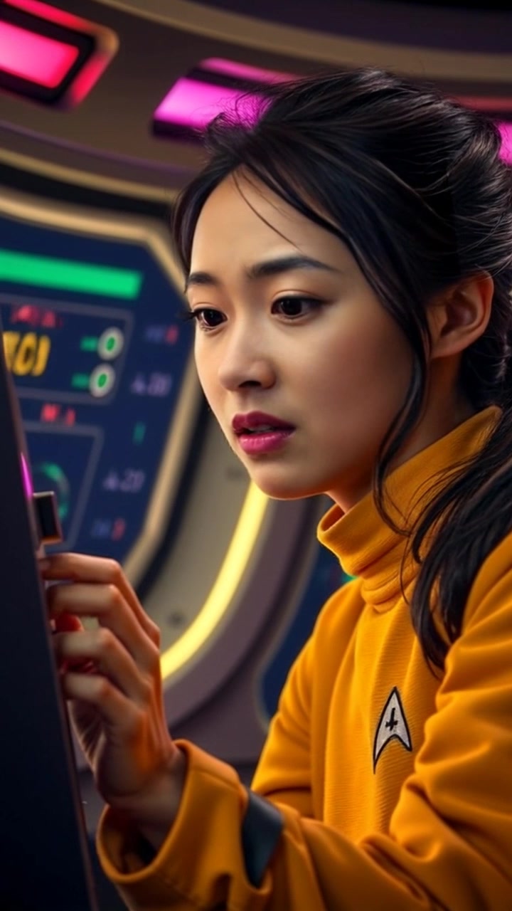Subject: A woman in a tense moment, anxiously peering at a control screen, her brow furrowed in concern. Subject movement: She leans closer to the screen, her hands twitching slightly as she nervously adjusts the controls. Scene: A dimly lit, high-tech control room filled with glowing screens and flashing indicators. Style: Moody, low-key lighting emphasizing the seriousness of the atmosphere, casting shadows that heighten the tension. Motion: The camera performs a slow push-in towards her face, capturing the intensity in her expression as the background elements softly blur out, drawing attention to her palpable anxiety.