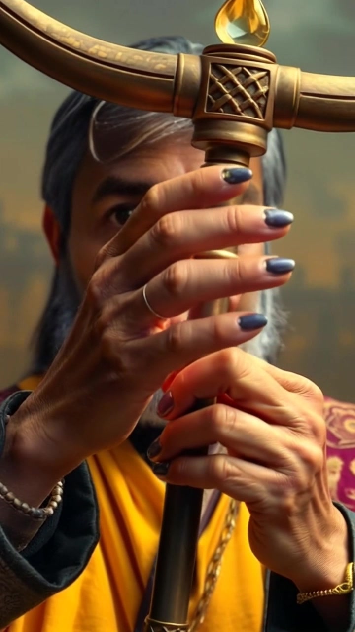 Scene: A close-up of a pair of aged hands holding an ornate scepter, symbolizing wise rule and authority. Lighting: The scene is illuminated with soft, warm light that highlights the textures of the skin and the intricate details of the scepter. Motion: The camera slowly zooms in, accentuating the grip on the scepter while gently shifting focus to reveal the surrounding elements of a regal setting.