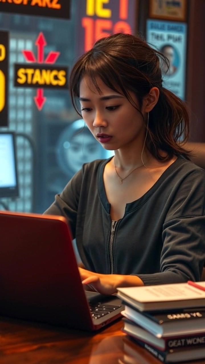 A person sits at a desk, looking puzzled while browsing a laptop surrounded by books. Slowly zoom in on the subject's face to capture their expression of confusion. Soft ambient lighting adds to the intimate and focused atmosphere.
