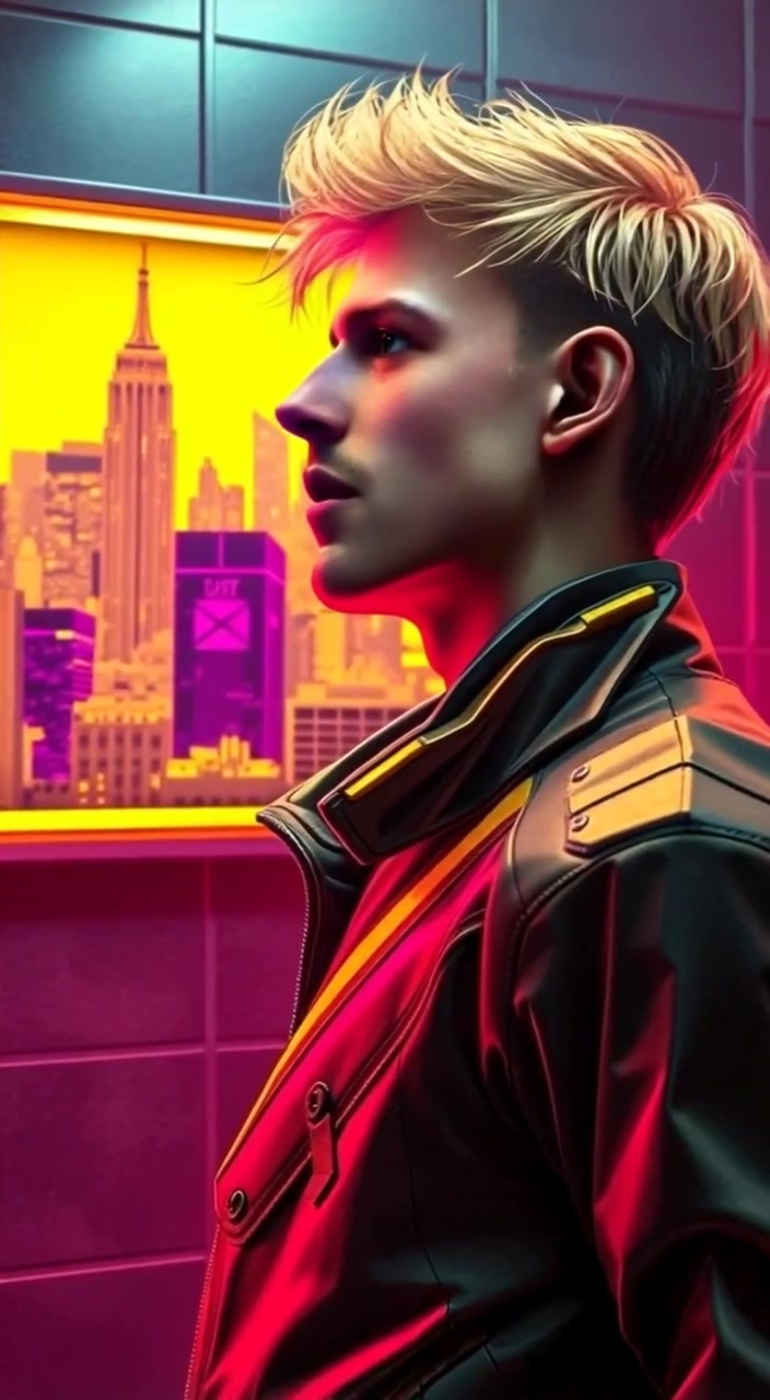 The man gazes thoughtfully at the New York City skyline picture hanging on the wall.