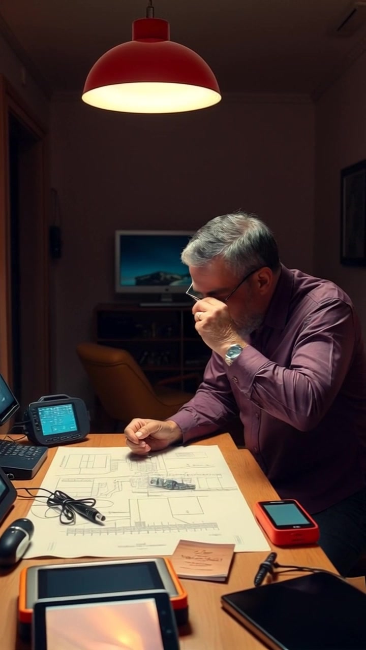 Subject: A short, dark gray bearded man intently examining a blueprint. Subject movement: He occasionally shifts the blueprint, making notes with a pen and adjusting his glasses as he focuses on intricate details. Scene: A dimly lit room filled with various high-tech gadgets scattered across a table, creating an atmosphere of innovation and creativity. Lighting: Soft ambient light creates dramatic shadows across the room, highlighting the man's concentration. Motion: The camera slowly pans around the table, showcasing the gadgets while maintaining focus on the man's engaged expression.