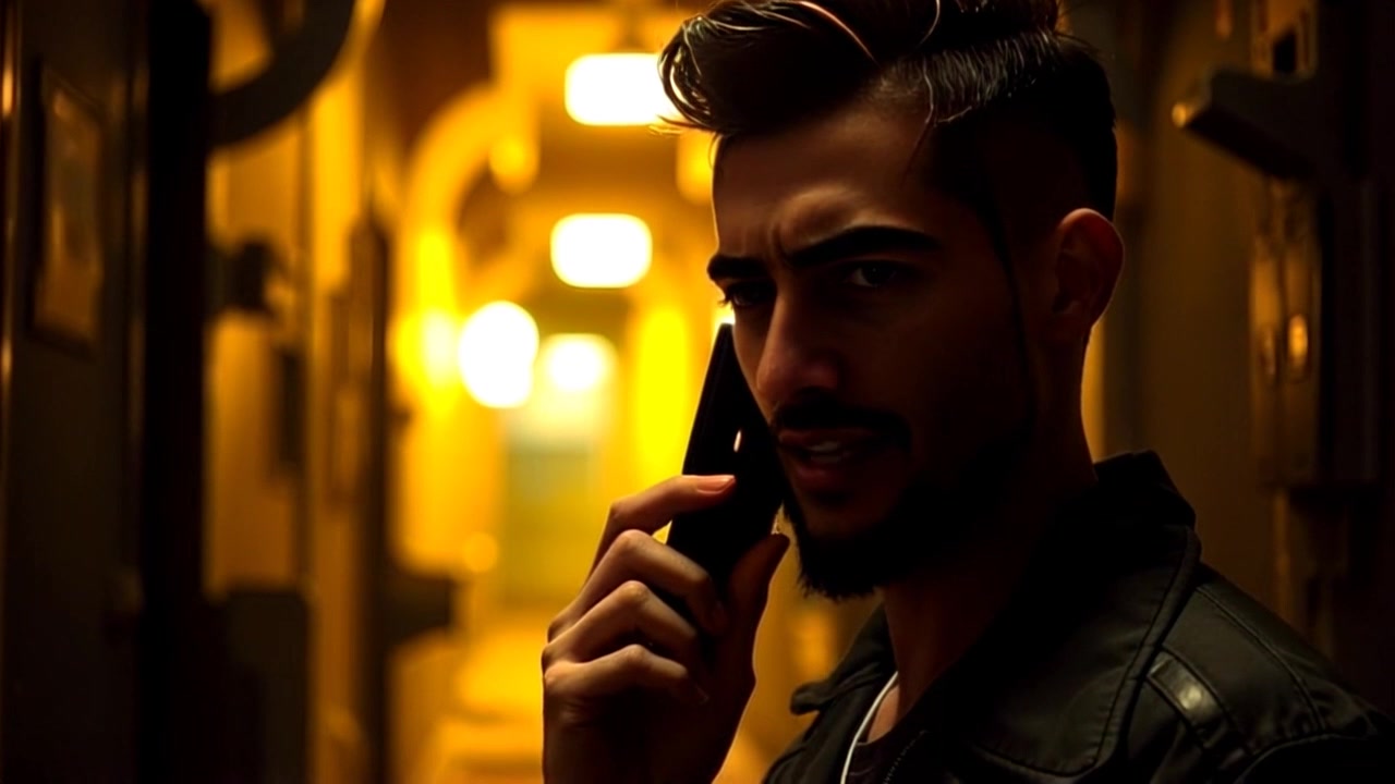 Subject: A character in a dimly lit alley. Subject movement: The character leans slightly forward, intensely speaking into a communicator, their face illuminated by the glow from the device. Scene: A narrow, shadowy alley with brick walls and scattered debris, creating a tense atmosphere. Style: Moody lighting with deep shadows and subtle highlights emanating from the communicator. Motion: Camera gradually pushes in, focusing on the character's determined expression as ambient sounds of the city echo softly in the background.