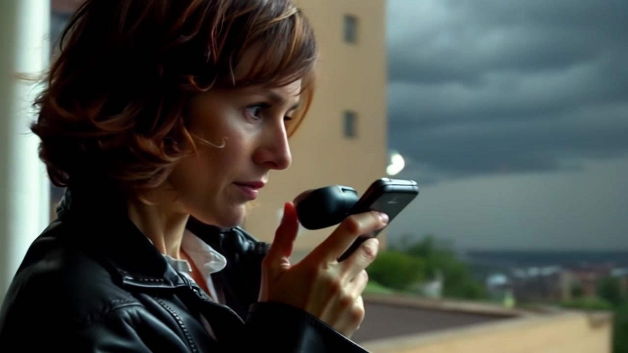 Subject: A woman named Anna holding her phone tightly, her body tense as she glances anxiously between the device and the window. Scene: A dimly lit room with curtains slightly drawn, casting shadows and creating an atmosphere of suspense. Motion: A handheld camera captures her nervous movements, alternating between close-ups of her intense expressions and wider shots of her surroundings, as ominous thunder rumbles outside.