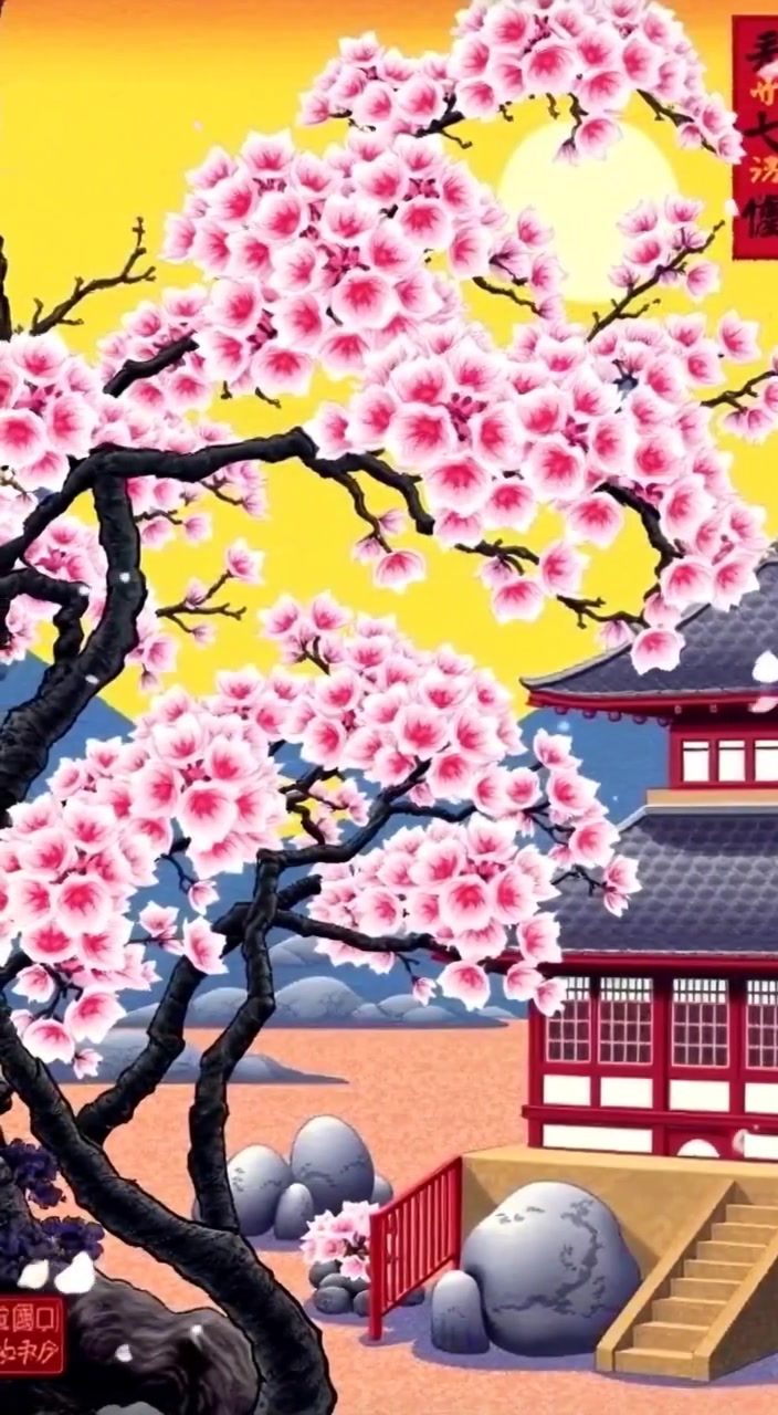 Petals gently fall from blooming cherry blossom trees, as the tea house sits peacefully in the serene landscape.