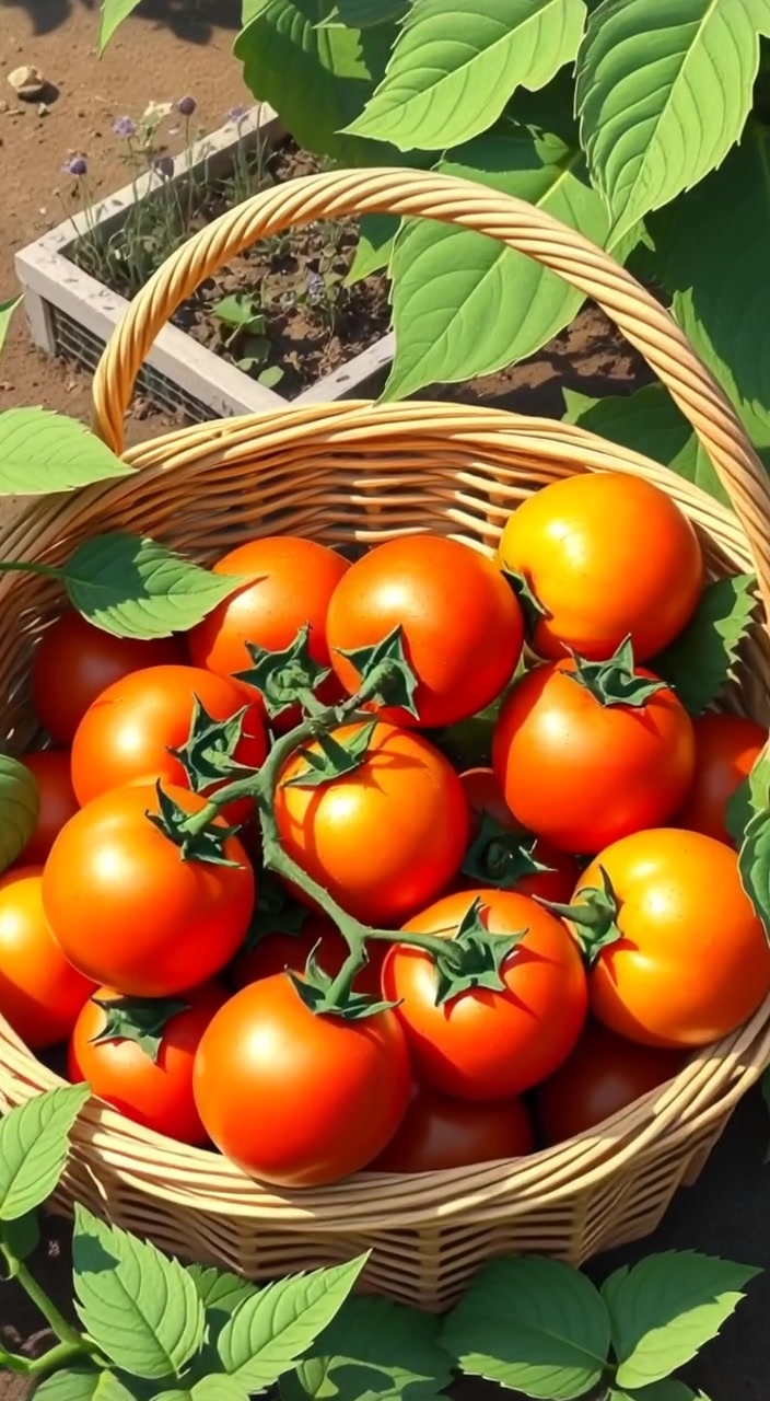 A gentle breeze rustles the leaves as fresh tomatoes shimmer in the sunlight.