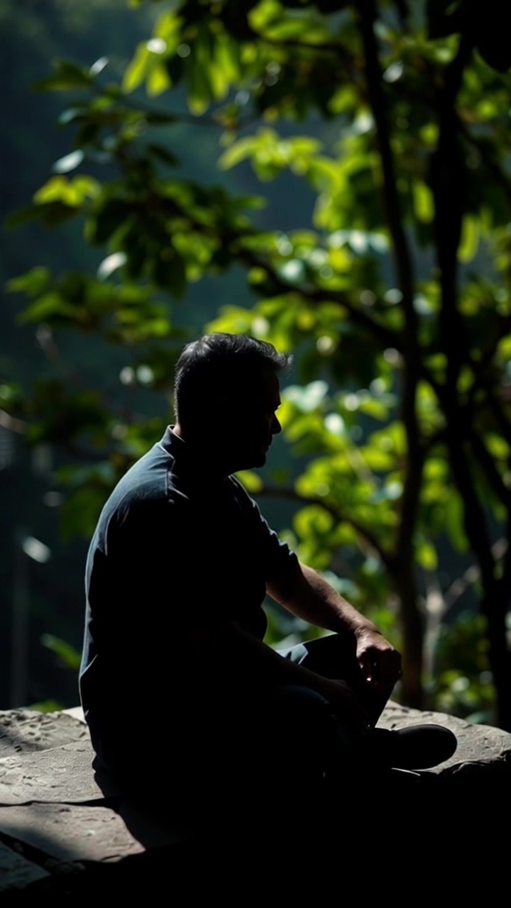 Subject: A monk sitting cross-legged on a stone platform. Subject movement: The monk remains still, embodying a sense of calm and introspection. Scene: A serene stone platform surrounded by lush greenery, with dappled sunlight filtering through the leaves. Style: Soft, ambient lighting that enhances the tranquil atmosphere, creating a peaceful environment. Motion: The camera slowly pushes in towards the monk, capturing the details of the surrounding foliage, while a gentle breeze causes the leaves to softly sway.