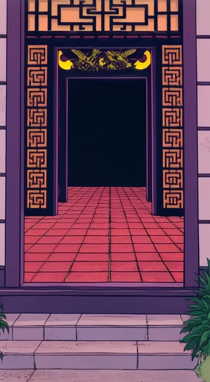 The entrance of the mansion slowly opens, revealing shadows as the figure approaches cautiously.