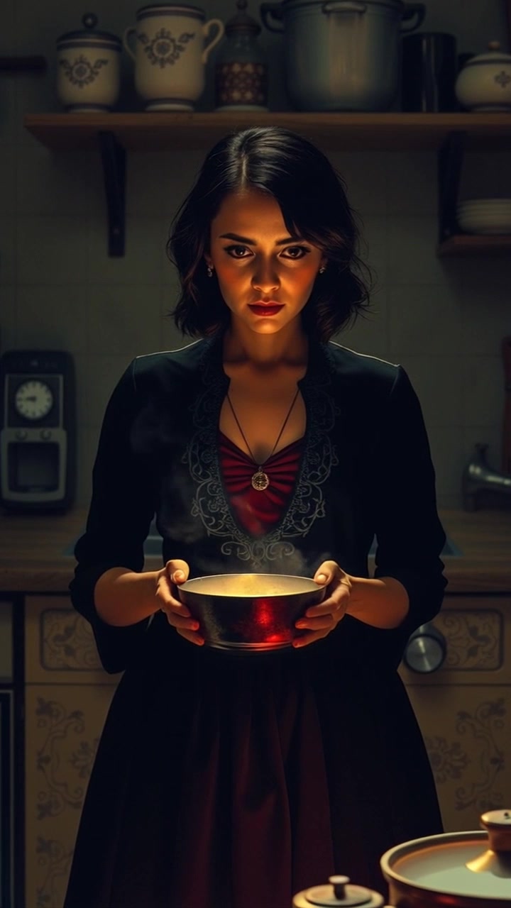 Subject: A shadowy woman standing ominously in a small kitchen, cooking with a smirk. Subject movement: Her hands move deliberately as she stirs a pot, a flicker of mischief in her eyes. Scene: The intimate, dimly-lit kitchen creates an eerie atmosphere with shadows dancing along the walls. Lighting: Soft, ambient light casts dramatic shadows, enhancing the mysterious vibe. Motion: The camera slowly pushes in, focused tightly on her expression, revealing the tension in the air.