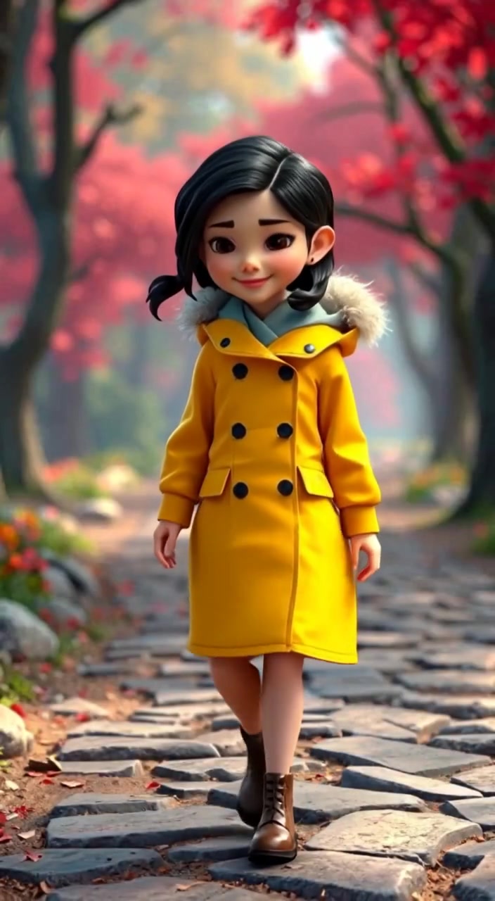 The figure in a yellow raincoat gently walks along a stony path, surrounded by tall trees swaying in the breeze.