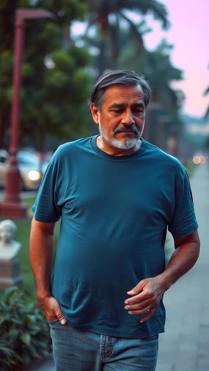 Subject (Blue t-shirt, Jeans, Determined expression) + Subject Movement (Searching) + Scene (Park setting) + Camera Language (Slow zoom in) + Lighting (Golden hour light) + Atmosphere (Hopeful)
