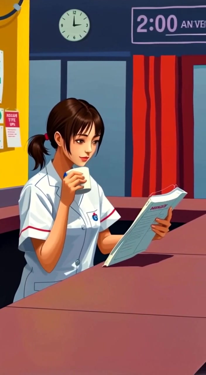 The woman calmly writes on a chart, sipping coffee, while the fluorescent lights flicker softly in the quiet nurses’ station.