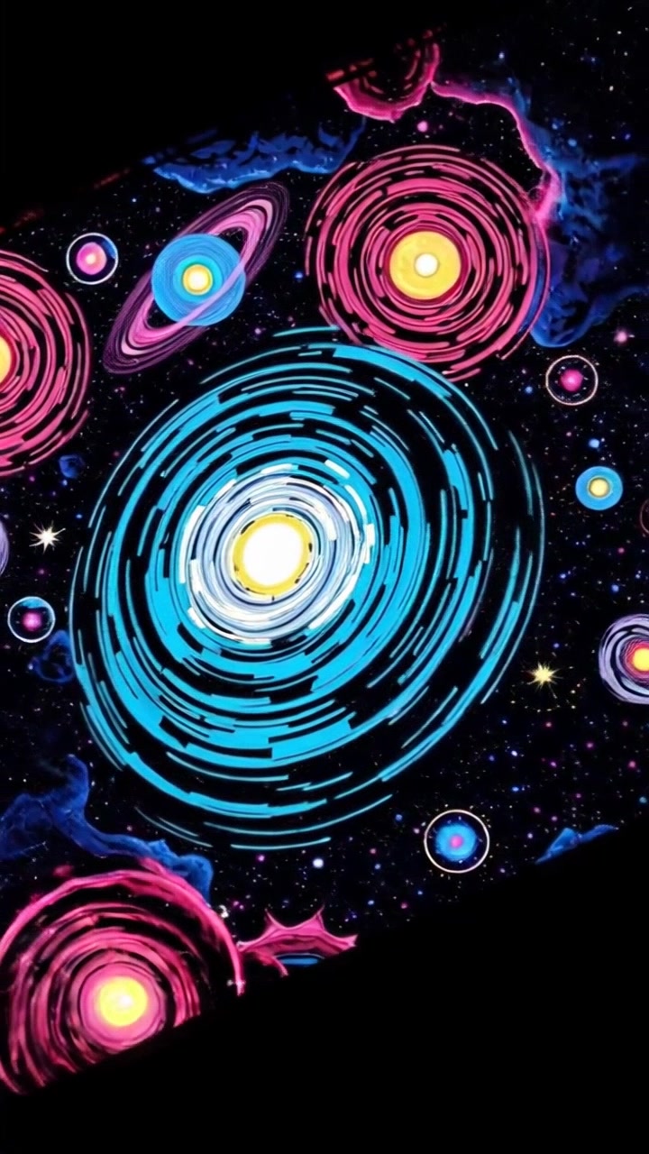 An open cosmic scene with multiple galaxies spiraling around each other, a hint of nebulas in the background.