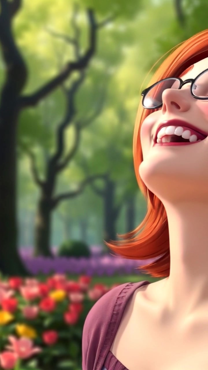 Subject: A person laughing joyously. Subject movement: The laughter becomes more animated as their head tilts back and the eyes sparkle with delight. Scene: A vibrant park filled with lush trees and blooming flowers, creating a whimsical and lively atmosphere. Style: Soft, diffused lighting accentuating the cheerful mood, with the gentle colors of spring. Motion: The camera slowly pushes in for an intimate close-up, while the background subtly blurs to enhance the focus on the joyful expression.