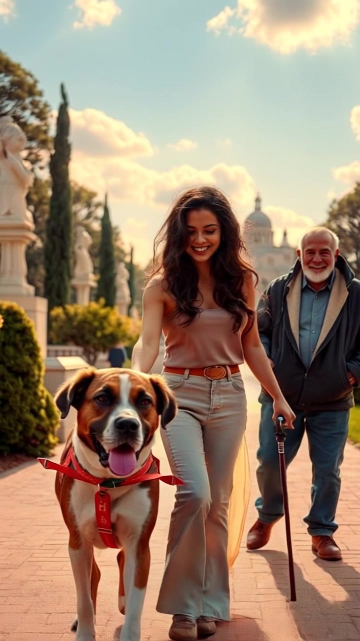Subject: Amy assisting an elderly man as he walks his dog in a sunlit park. Subject movement: They walk slowly, enjoying the moment with lighthearted smiles. Scene: A lively park filled with lush green grass and blooming flowers, a clear blue sky above. Style: Warm, morning light illuminating the cheerful scene. Motion: The camera moves gently alongside them, capturing their joyful interaction while focusing on the dog's playful antics.