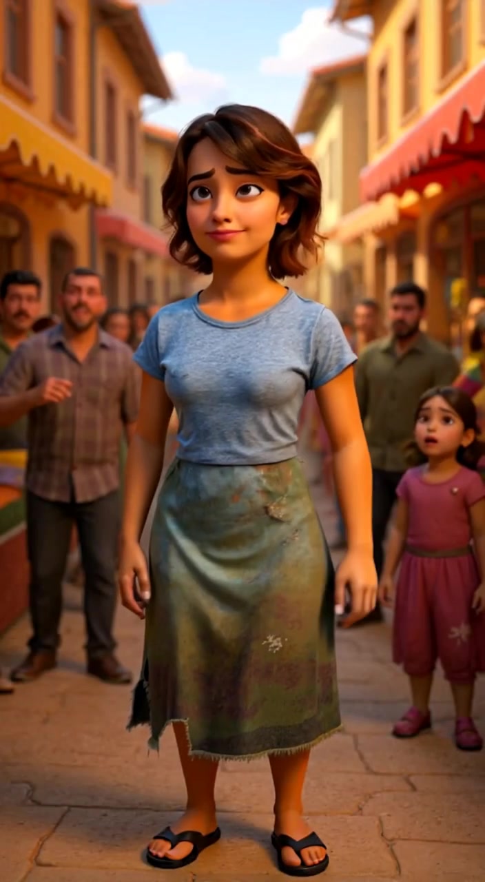 The woman stands still as villagers rush and shout around her, worry evident on her face.