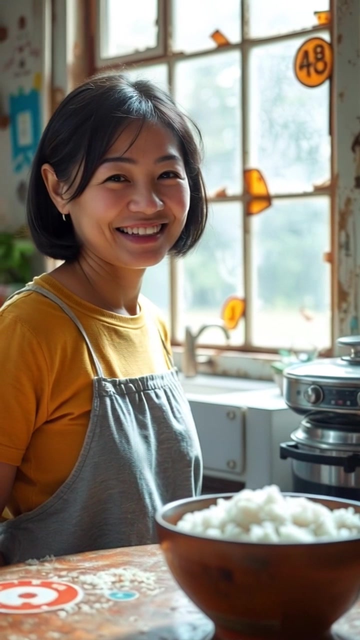 Subject: Ibu Marni in the kitchen, smiling warmly while standing next to a steaming bowl of rice on the table. Scene: A cozy kitchen filled with vibrant colors and comforting homey details. Motion: Camera gently pushes in to close up on Ibu Marni’s joyful expression, capturing the warmth of the scene, as the soft, ambient kitchen lighting illuminates the atmosphere, creating an inviting mood.