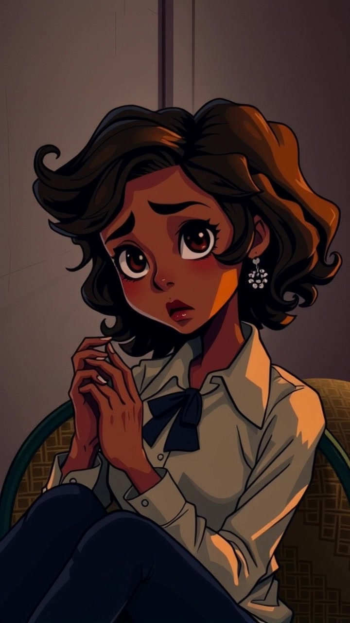 A close-up of You with a worried expression, sitting alone in a quiet room, holding her hands together.