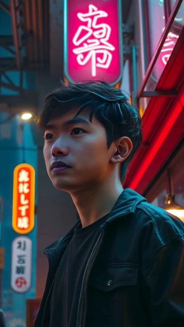 Subject: A young individual standing under a glowing neon sign. Subject movement: The individual shifts slightly, appearing introspective and immersed in deep thought. Scene: Urban night setting, vibrant neon lights illuminating the surroundings in a haze of colors. Lighting: Bright neon glow contrasting with the dark night sky. Motion: The camera slowly pushes in, capturing the emotional depth of the moment as it gently circles around the subject, enhancing the contemplative atmosphere.