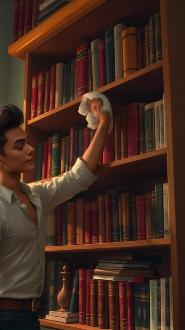 Subject: A person dusting a shelf filled with books. Subject movement: The individual moves side to side, carefully wiping the shelf with a cloth while occasionally adjusting books. Scene: A cozy bedroom with warm tones, the sun illuminating the room through a window, casting gentle light on the bookshelf. Motion: Camera begins with a close-up of the shelf, then smoothly transitions to a wider angle, showcasing the room's inviting atmosphere.