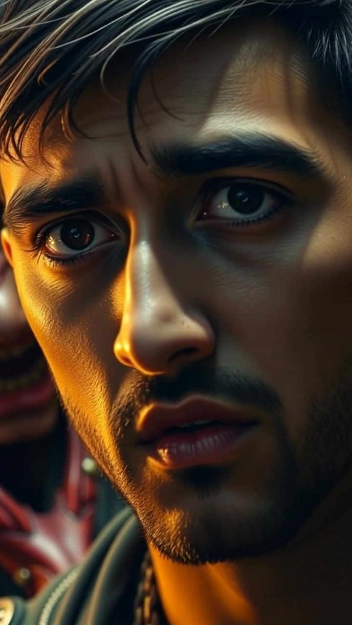 Subject: A person looking surprised, breathing heavily. Scene: Close-up of a face, capturing an intense emotional reaction. Style: Soft, diffused lighting with a warm hue creating an intimate atmosphere. Motion: The camera gently zooms in on the face, emphasizing the intense expression, while subtle fluctuations in focus highlight the emotions conveyed.