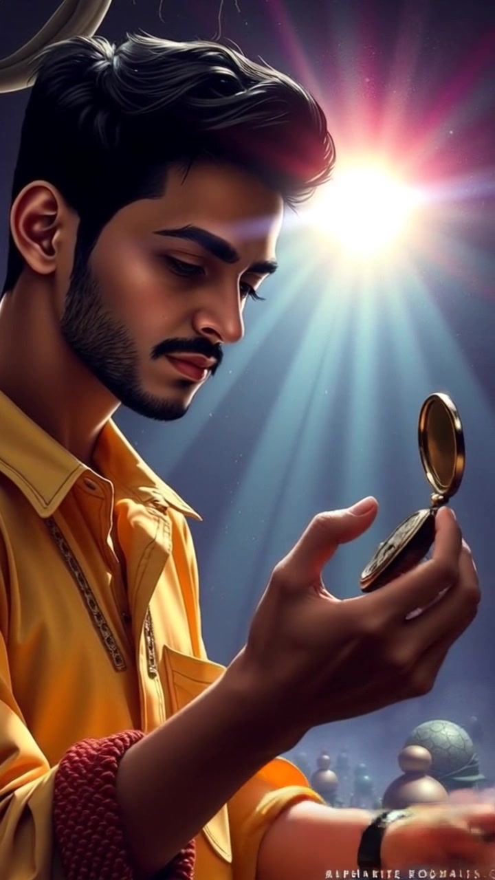 Subject: Arjun holding an old pocket watch, examining it closely. Subject movement: He turns the watch slowly in his hands, studying the intricate details as sunlight catches its surface. Scene: A sunlit room with warm, inviting tones and soft shadows highlighting the vintage watch. Motion: Camera performs a smooth close-up, capturing the delicate craftsmanship of the watch, then pulls back slightly to reveal Arjun's focused expression, bathed in a gentle beam of light.