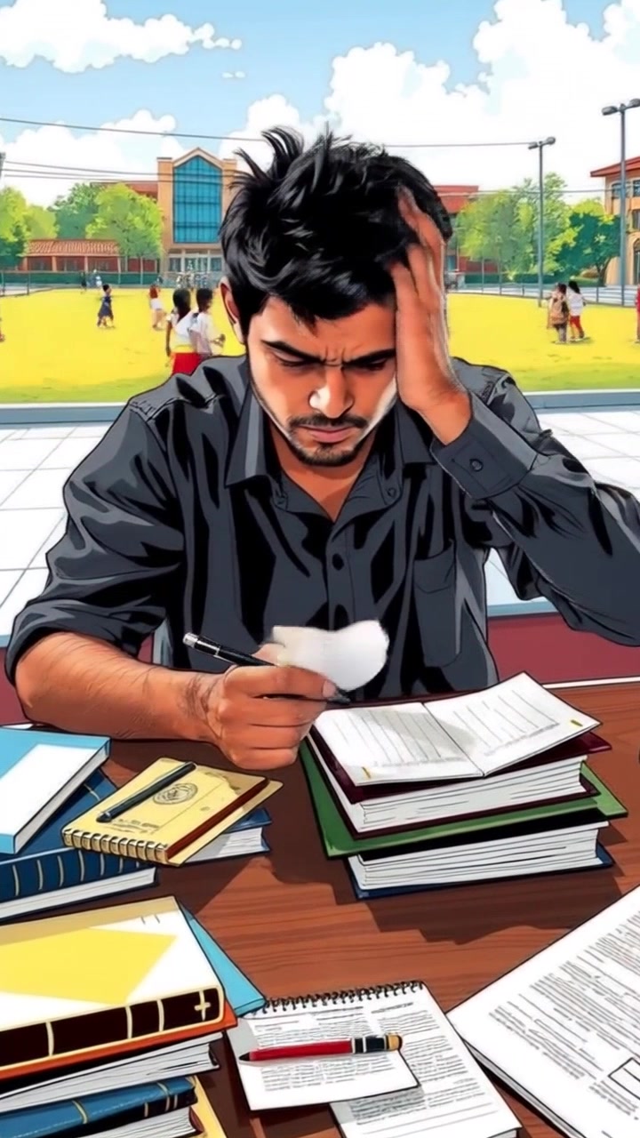 A student desk with books and papers, with आर्यन looking stressed while working on an assignment.