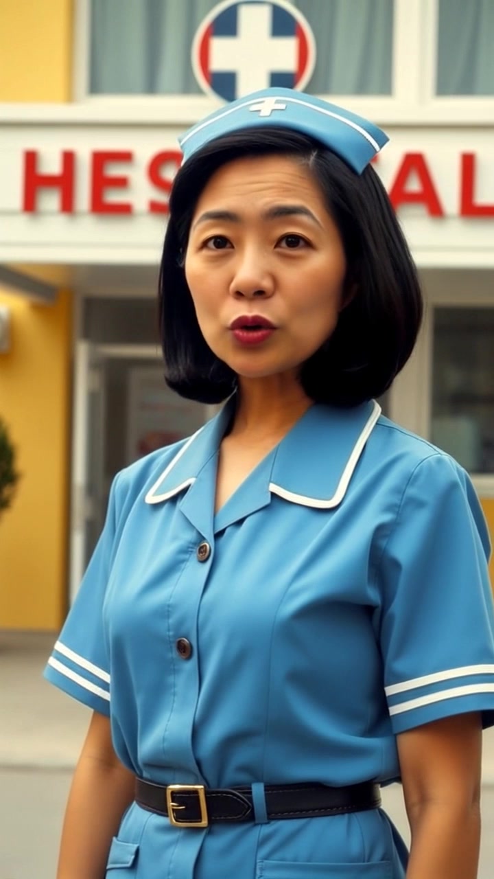 A nurse in a blue uniform stands outside a hospital, looking determined.