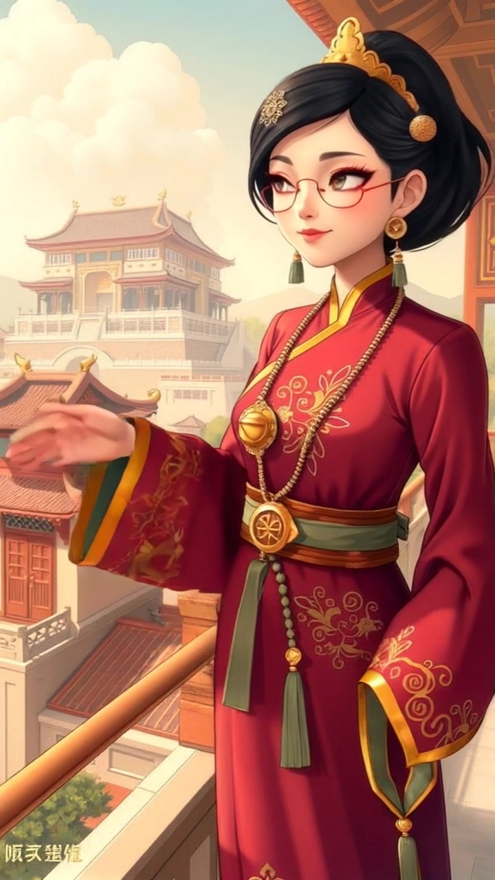 Subject: Wu Zetian in traditional Chinese imperial robes, standing elegantly on a grand palace balcony. Subject movement: She gestures gracefully towards the city, embodying a commanding presence. Scene: A panoramic view of an ancient city under a vibrant sky, with traditional architecture and bustling streets below. Style: Soft, evening light creating a warm and inviting atmosphere. Motion: The camera slowly pushes in from the sky, capturing the balcony's intricate details before focusing on Wu Zetian's poised figure.