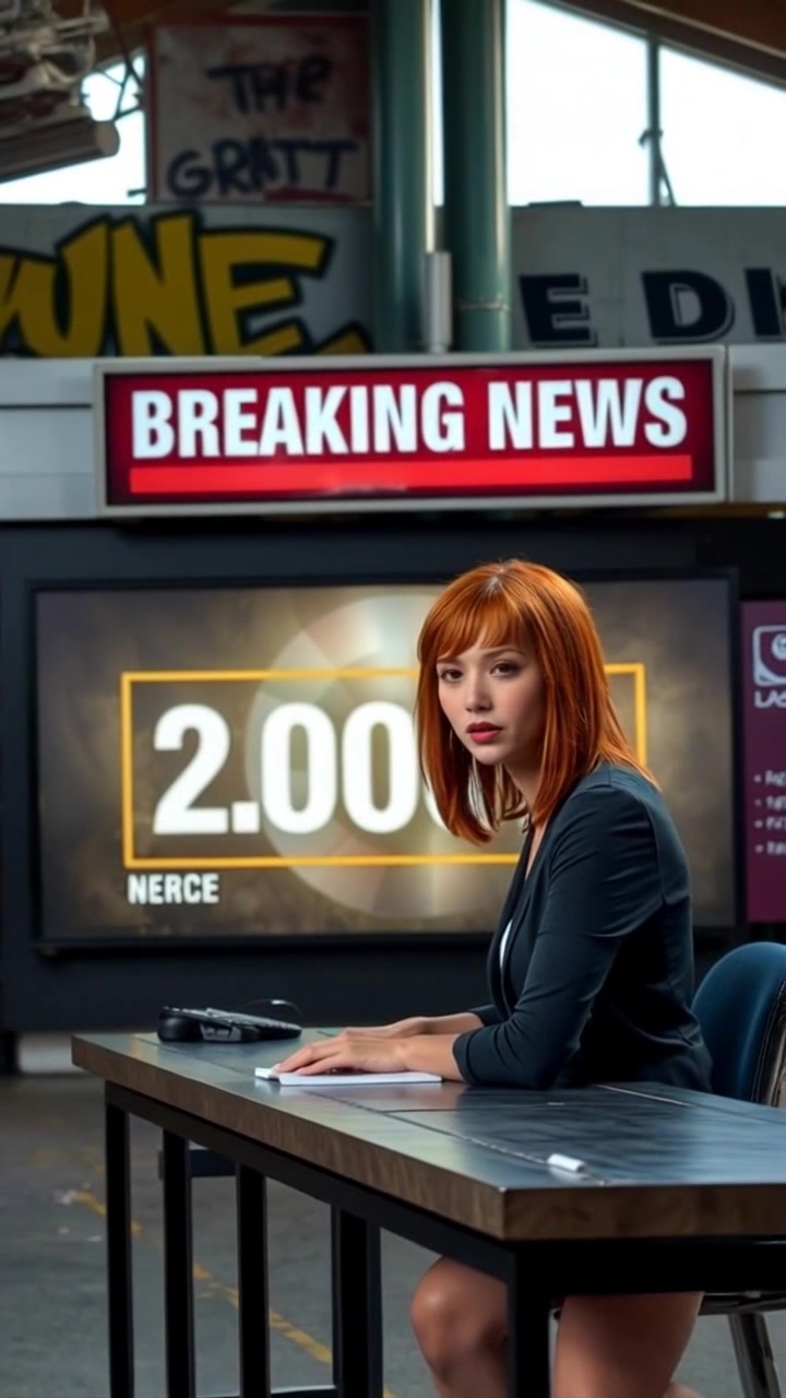 Scene: A television newsroom featuring a concerned anchor at the desk with a breaking news banner displayed prominently. Style: Dramatic lighting highlighting the anchor's expression, creating a sense of urgency. Motion: The camera begins with a close-up of the anchor, then slowly pushes out to reveal the newsroom environment, capturing the bustling activity in the background as reporters prepare for updates.