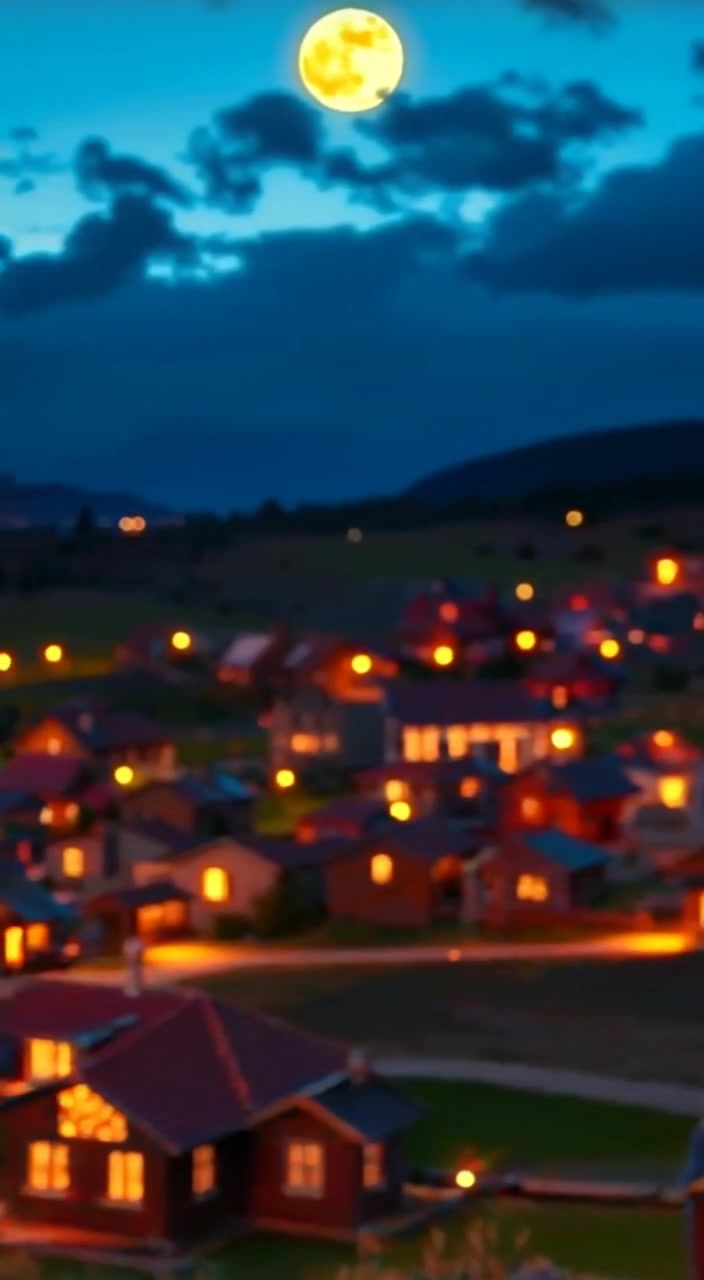 The woman gazes thoughtfully across the village, sunlight glinting off the rooftops, as a gentle breeze rustles her hair.