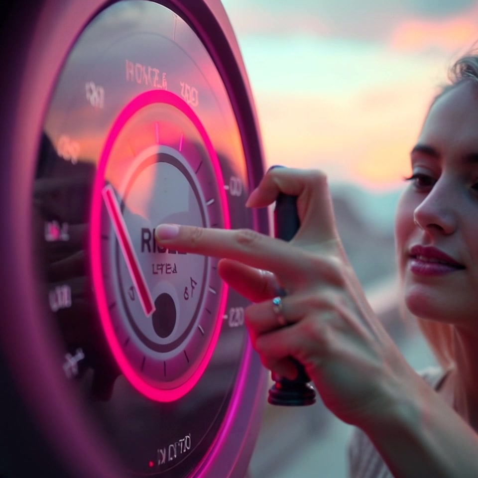 Subject: A pair of hands expertly adjusting a digital gauge. Subject movement: The hands are in motion as they delicately manipulate the settings, causing the gauge levels to rise steadily. Scene: A close-up view of a high-tech interface displaying vibrant data metrics. Style: Bright, focused lighting highlights the digital elements, with a sharp contrast against a blurred background. Motion: Camera pushes in gradually to emphasize the precision of the hand movements and the dynamic changes in the gauge readings.
