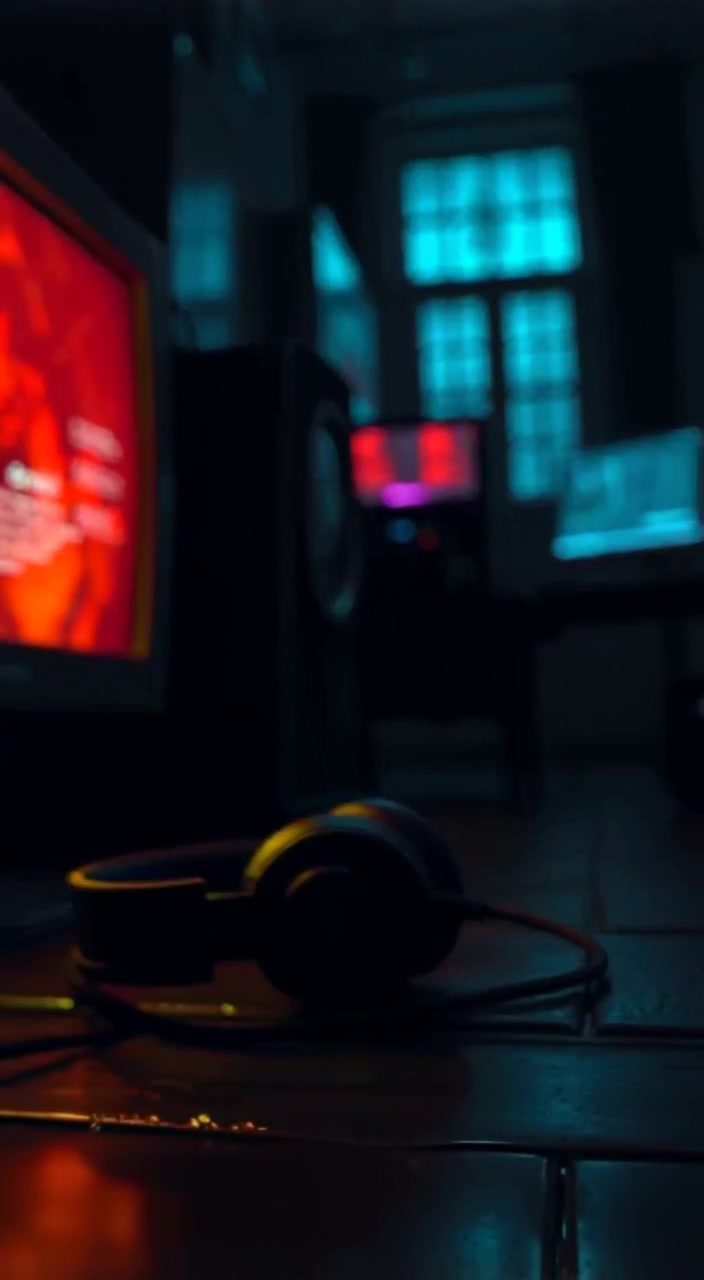 A shadowed room subtly illuminated by a flickering computer screen while a headset gently sways on the floor.