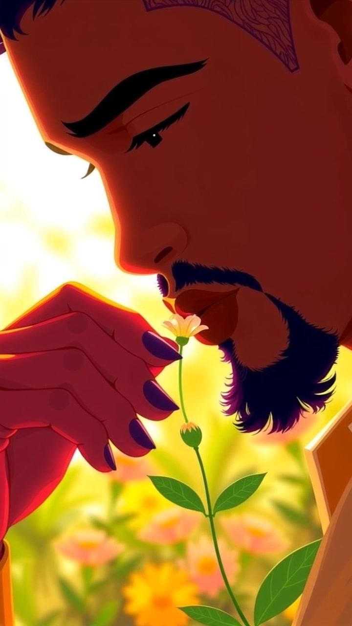 Scene: A close-up of hands gently touching a small flower in a bright, sunlit garden. Style: Warm sunlight illuminating the scene, creating a soft, inviting atmosphere. Motion: The camera pushes in slowly to focus on the delicate interaction with the flower, highlighting the intricate details and the gentle motion of the hands.