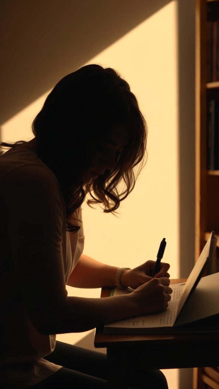 Subject: Maya - A focused young woman with a determined expression, shoulder-length curly hair, business casual attire. Subject Movement: Sits at a small desk, scribbling notes and plotting on a map. Scene: Cozy home office with warm, natural lighting, shelves filled with books, a world map hanging on the wall. Camera Language: Slow push-in on Maya as she meticulously plans her next move. Lighting: Soft morning light filtering through sheer curtains, casting gentle shadows. Atmosphere: Productive, thoughtful atmosphere.