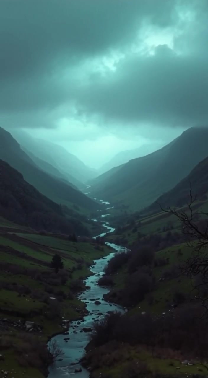 A panoramic view of a valley with a winding stream at its center, bordered by rolling hills.