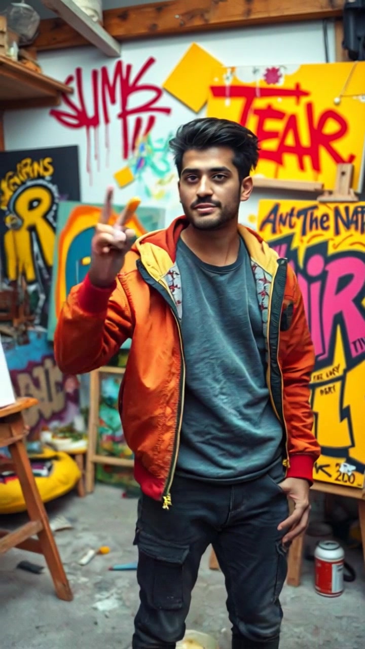 Subject: An artist standing amidst a chaotic art studio filled with canvases and scattered paint supplies. Subject movement: The artist gestures dynamically as they mix vibrant colors on a palette, then lunges towards a blank canvas. Scene: A cluttered art studio with splashes of color and various tools strewn about, creating an atmosphere of creativity and inspiration. Style: Bright, natural lighting illuminating the space, enhancing the vivid hues of paint. Motion: The camera performs a dramatic push-in as the artist moves, capturing the intensity of their creative process while panning around to reveal the disarray of the studio.