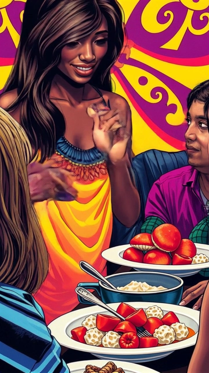 Subject: A captivating storyteller serving food. Subject movement: Solange moves gracefully, placing dishes on a table while engaging the audience with animated gestures. Scene: A warmly-decorated dining area filled with attentive patrons, colorful dishes spread across the table. Style: Soft, ambient lighting creating an inviting atmosphere, highlighting the warmth of the scene. Motion: Camera pans smoothly from Solange to the captivated patrons, moving in close to capture their reactions, then pulling back to reveal the lively dining environment.