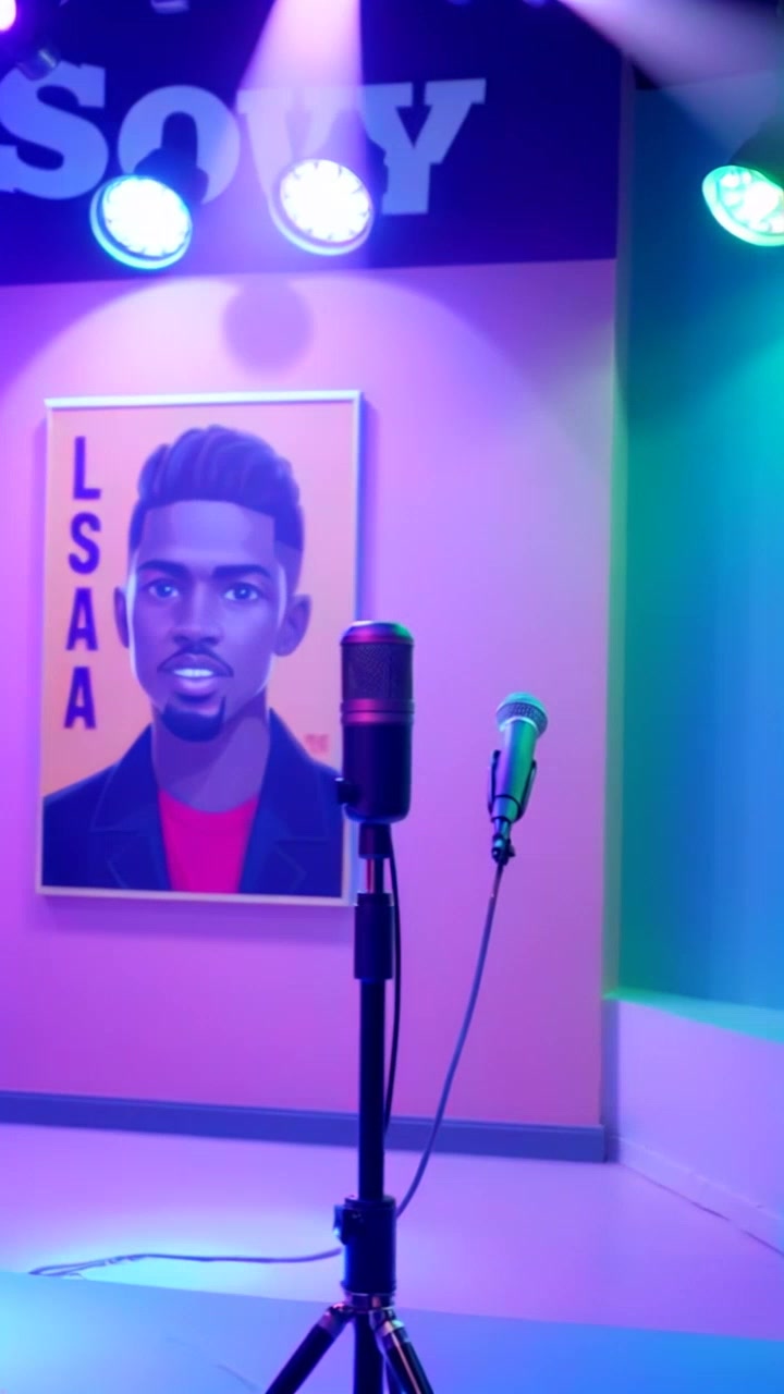 Scene: A bright studio filled with colorful lights, featuring a microphone on a stand and a large poster of Shinchan on the wall. Style: Vibrant ambient lighting creating a lively atmosphere. Motion: The camera glides smoothly through the studio space, capturing the playful essence of the environment as it pans across the colorful setup.