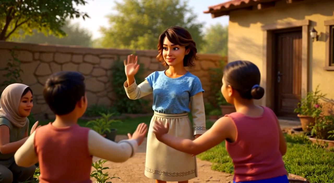 The woman smiles warmly while greeting villagers, her hands gently waving in the soft sunlight of the village setting.