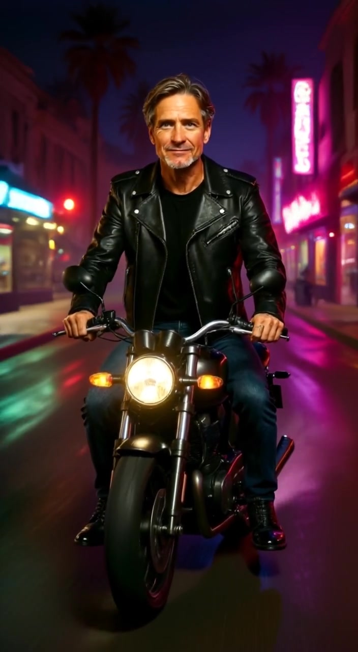 The motorcycle glides smoothly through illuminated Los Angeles streets, reflecting vibrant city lights as it passes by.
