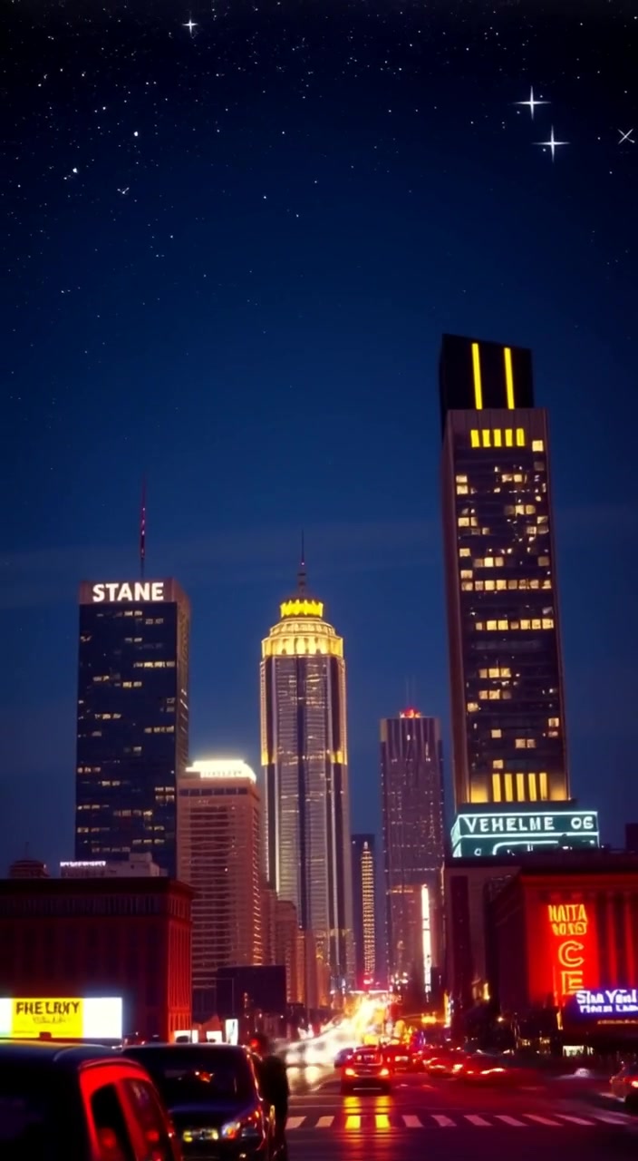 The camera gently pans across a vibrant city skyline, revealing illuminated skyscrapers under a starry night sky.
