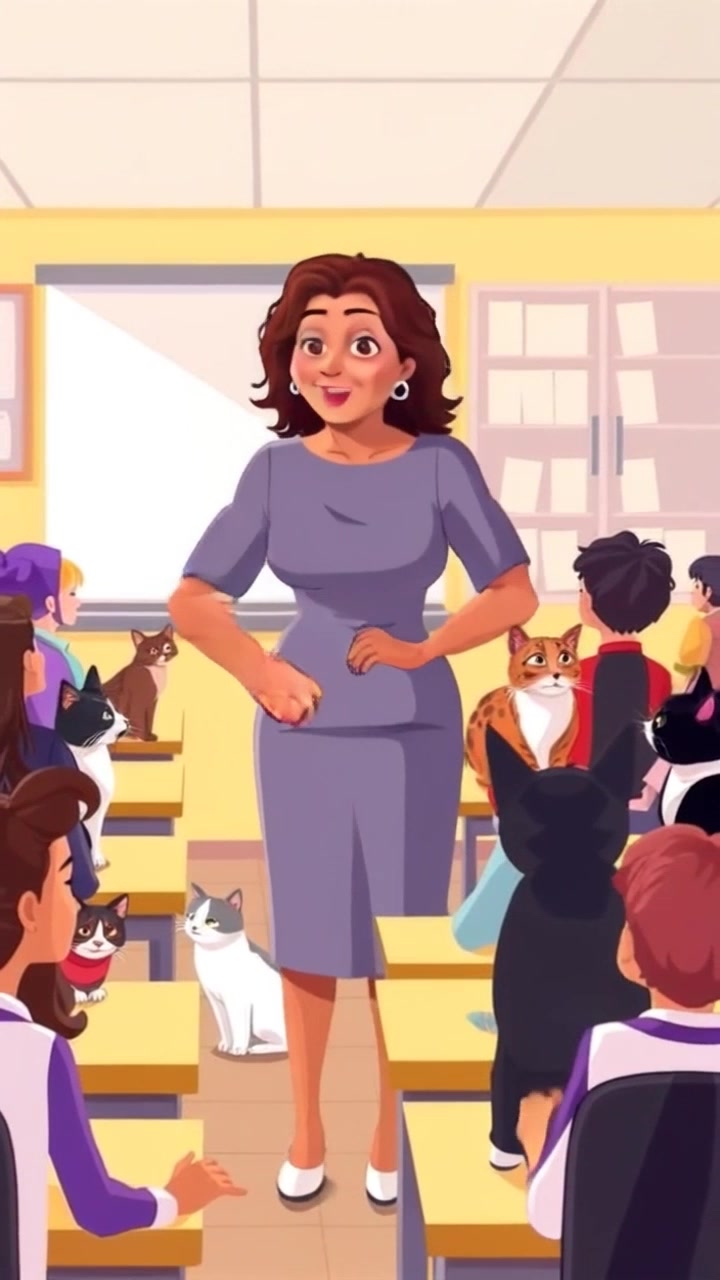Scene: A bright classroom filled with engaged students seated at their desks, while the Teacher stands confidently at the front, energetically explaining a topic. Style: Natural light streams through large windows, creating an inviting and vibrant atmosphere. Motion: The camera slowly pans from the Teacher to the students, capturing their attentive expressions and interactive gestures.
